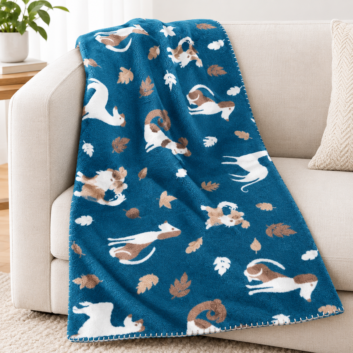 Plush fleece dog throw blanket 50x60 inches Autumn Dogs print pattern