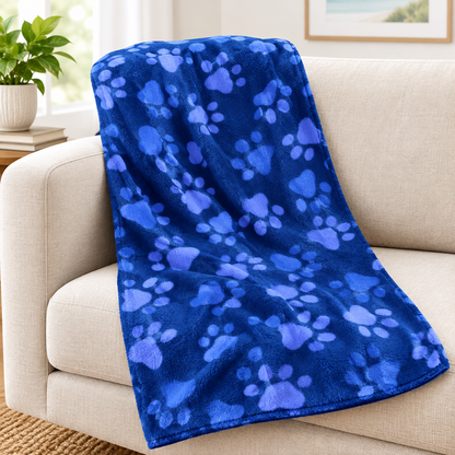 Plush fleece dog throw blanket 50x60 inches blue Paw print pattern
